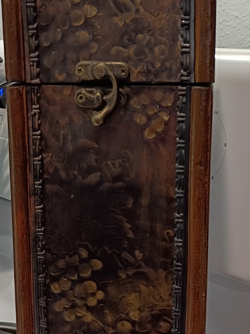 Carved Wood Wine Bottle Box with Brass Latch - Brown